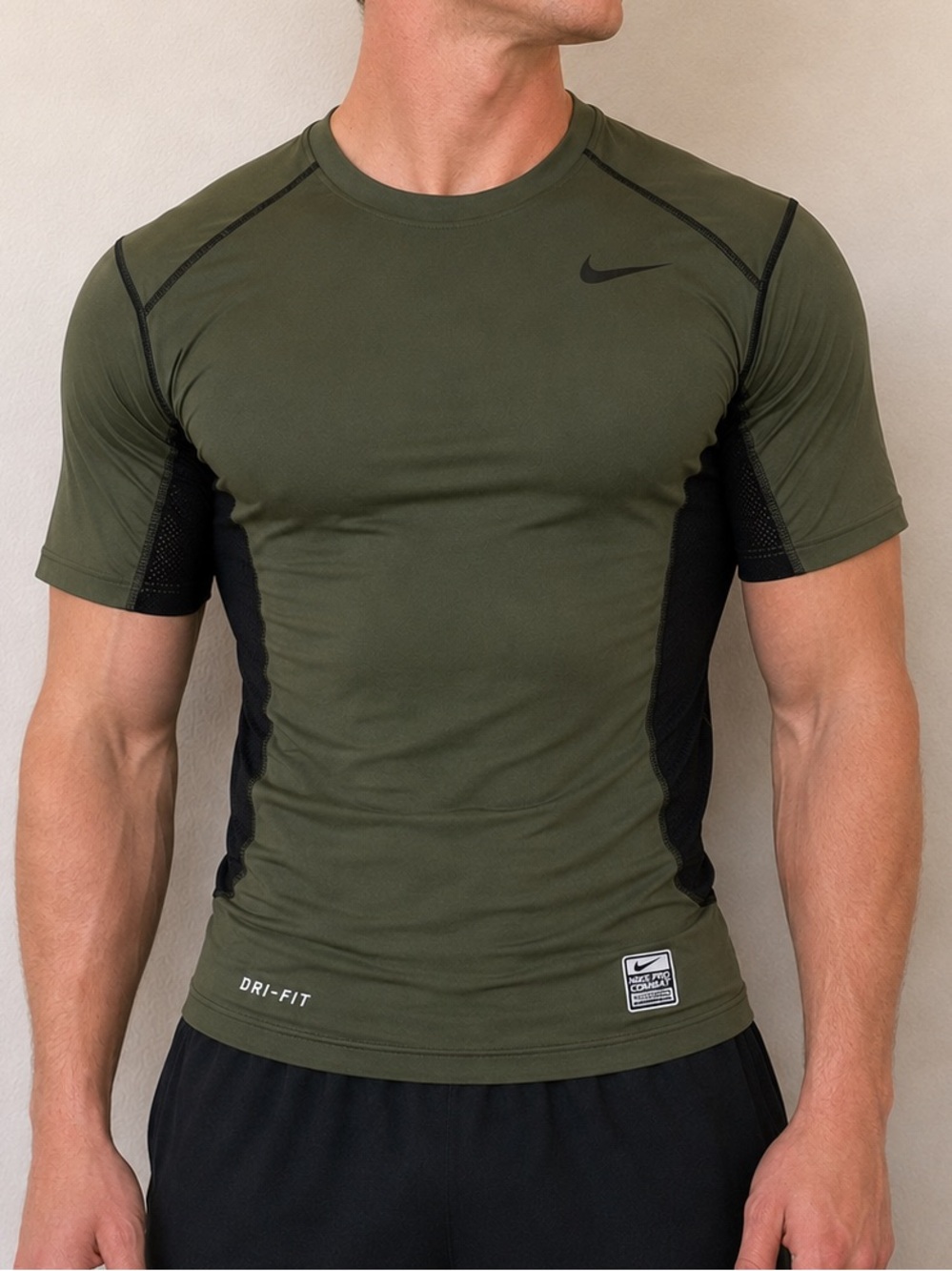 Nike Pro Combat Olive Green & Black Fitted Performance Tee